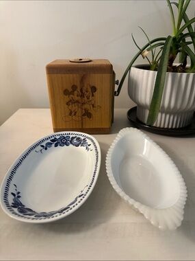 Blue Floral Oval Serving Dish & White Milk Glass Dish
